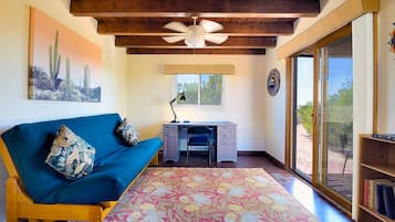 Smart TV, fireplace, books, stereo