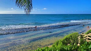 Una playa con agua cristalina, costa rocosa y una valla de madera.