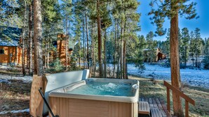 Un bain à remous dans une forêt enneigée, avec des chalets en bois en arrière-plan.