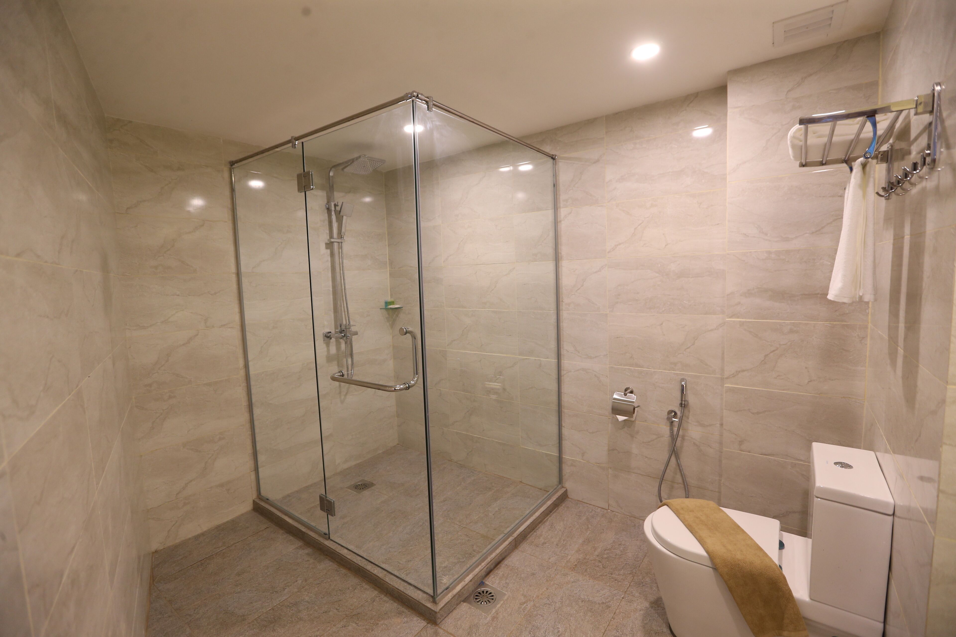 Une salle de bain moderne avec une douche à parois de verre, des toilettes et un porte-serviettes.