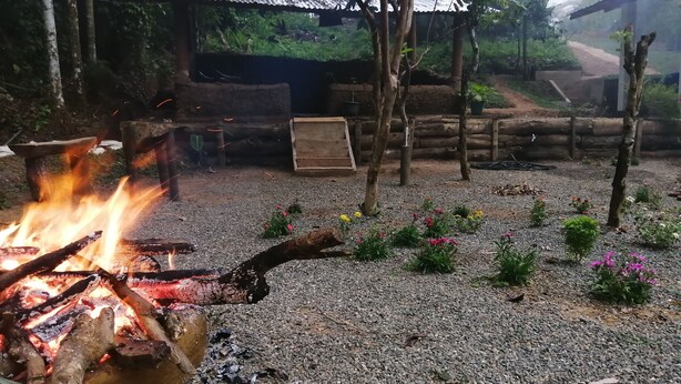A rustic outdoor setting with a fire pit, gravel ground, and potted plants. - Foret De Vill - Hostel (Ella)