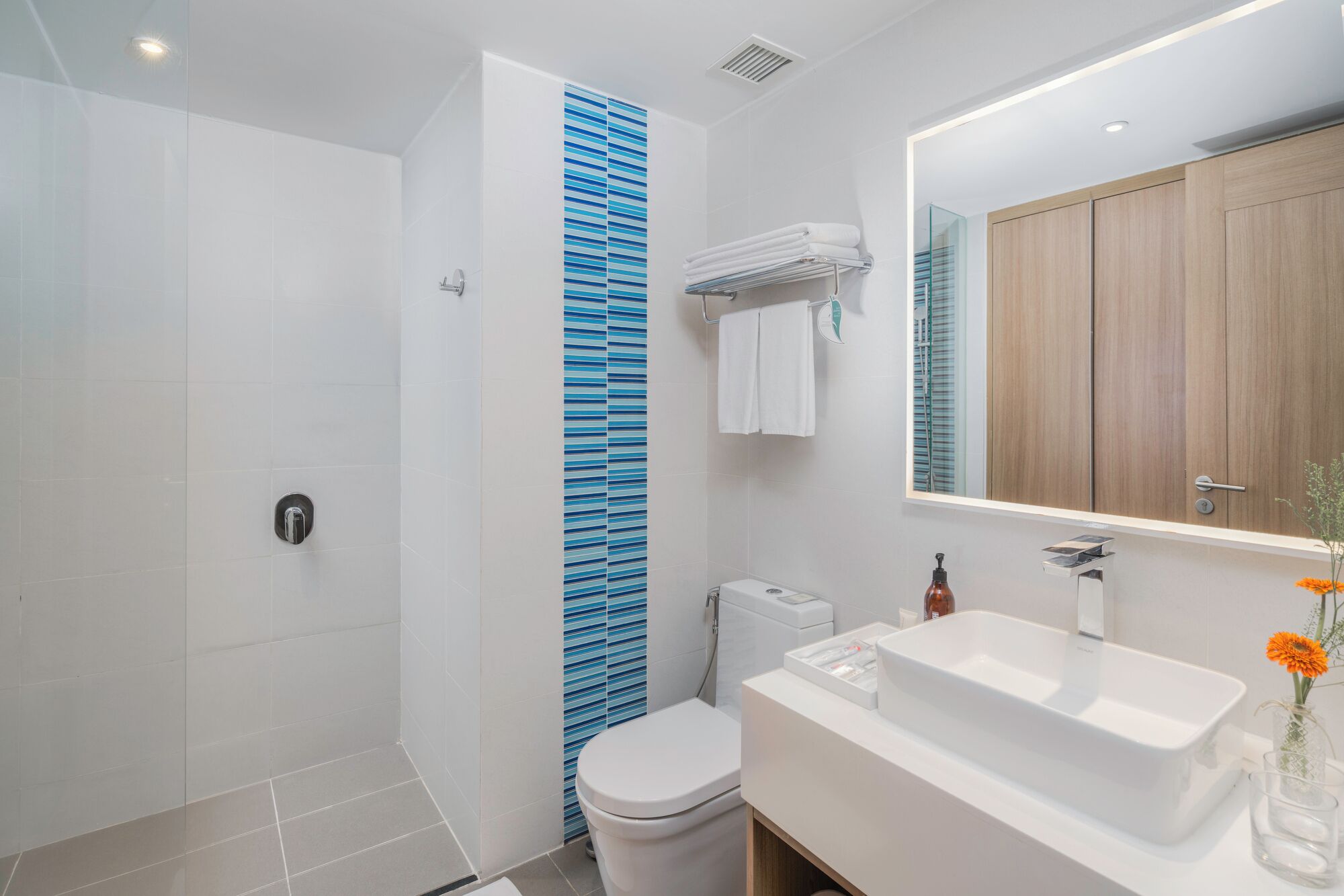 A modern bathroom with a walk-in shower, a toilet, and a vanity with a sink and mirror.