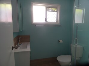 Regadera, jabón, shampoo, papel de baño 