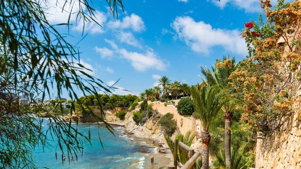 Vista sulla costa con acque turchesi cristalline, una scala in pietra che scende verso la spiaggia e una vegetazione rigogliosa.