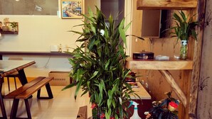 A modern kitchen with wooden cabinetry, a dining area with a bench, and a large potted plant. - JU Meet up with ocean (Hengchun)