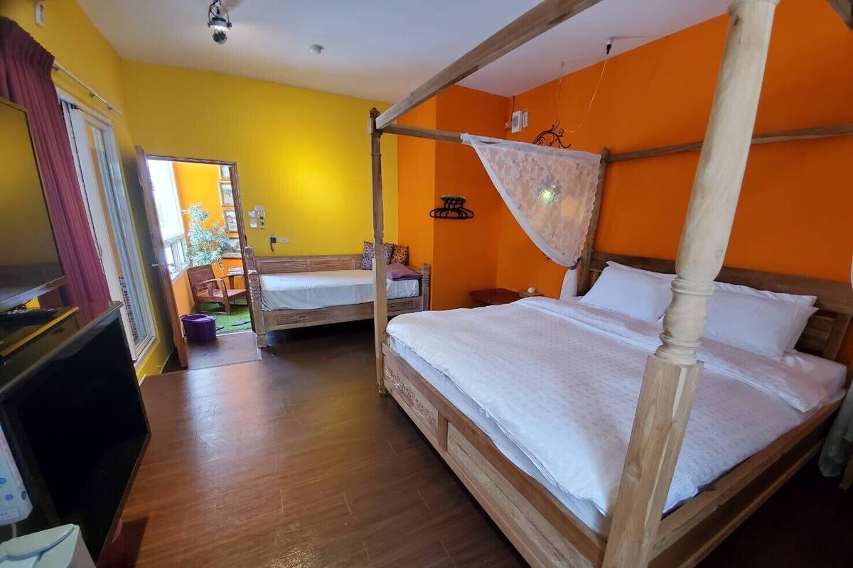 Una habitación con dos camas de madera, una con dosel, y un televisor sobre un soporte.