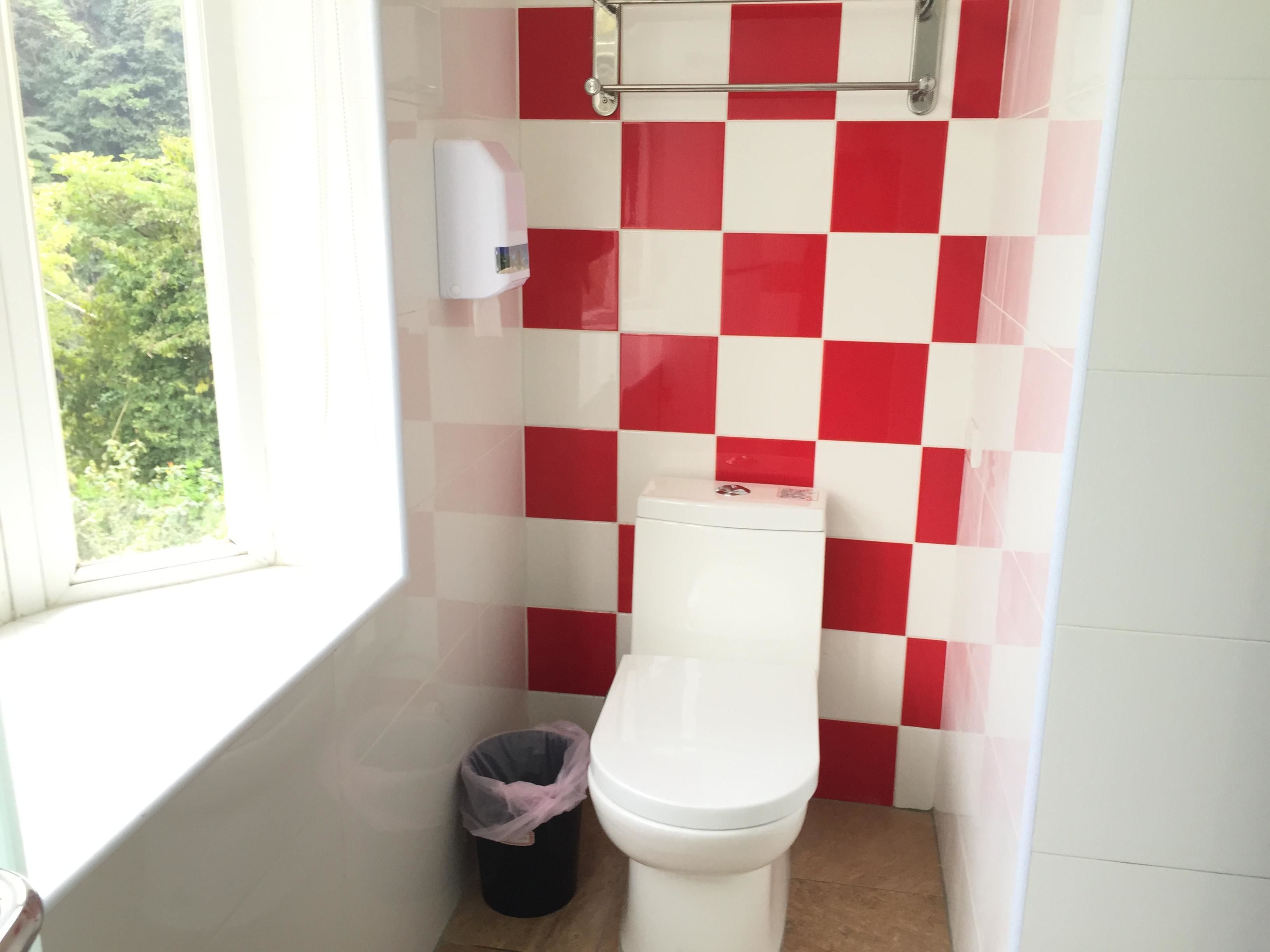 A bathroom with a red and white checkered wall pattern, a white toilet, a trash bin, and a window with a view of greenery.