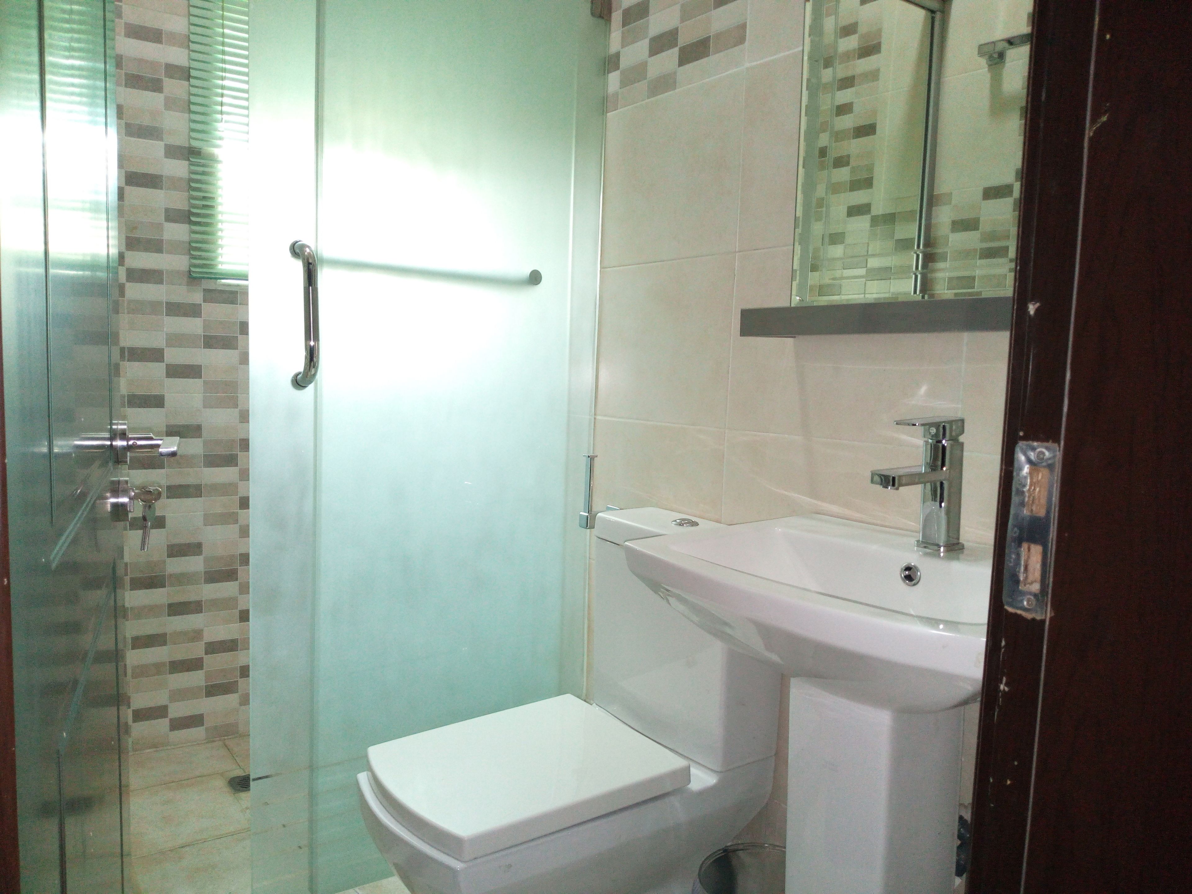 A bathroom with a glass shower enclosure, a white toilet, and a sink with a mirror above it.