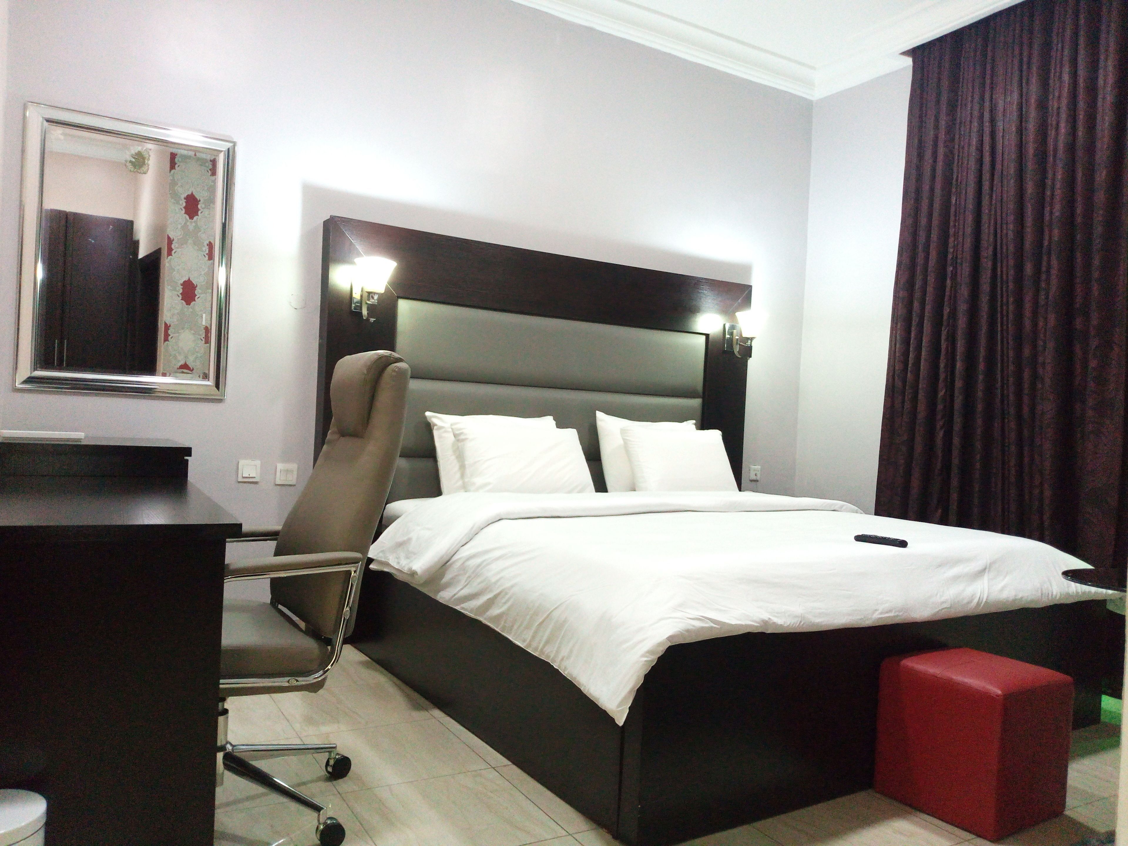 Desk, laptop workspace, blackout drapes, free WiFi