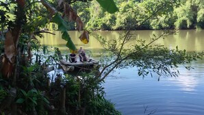 A small wooden boat docked at a calm river surrounded by lush greenery.