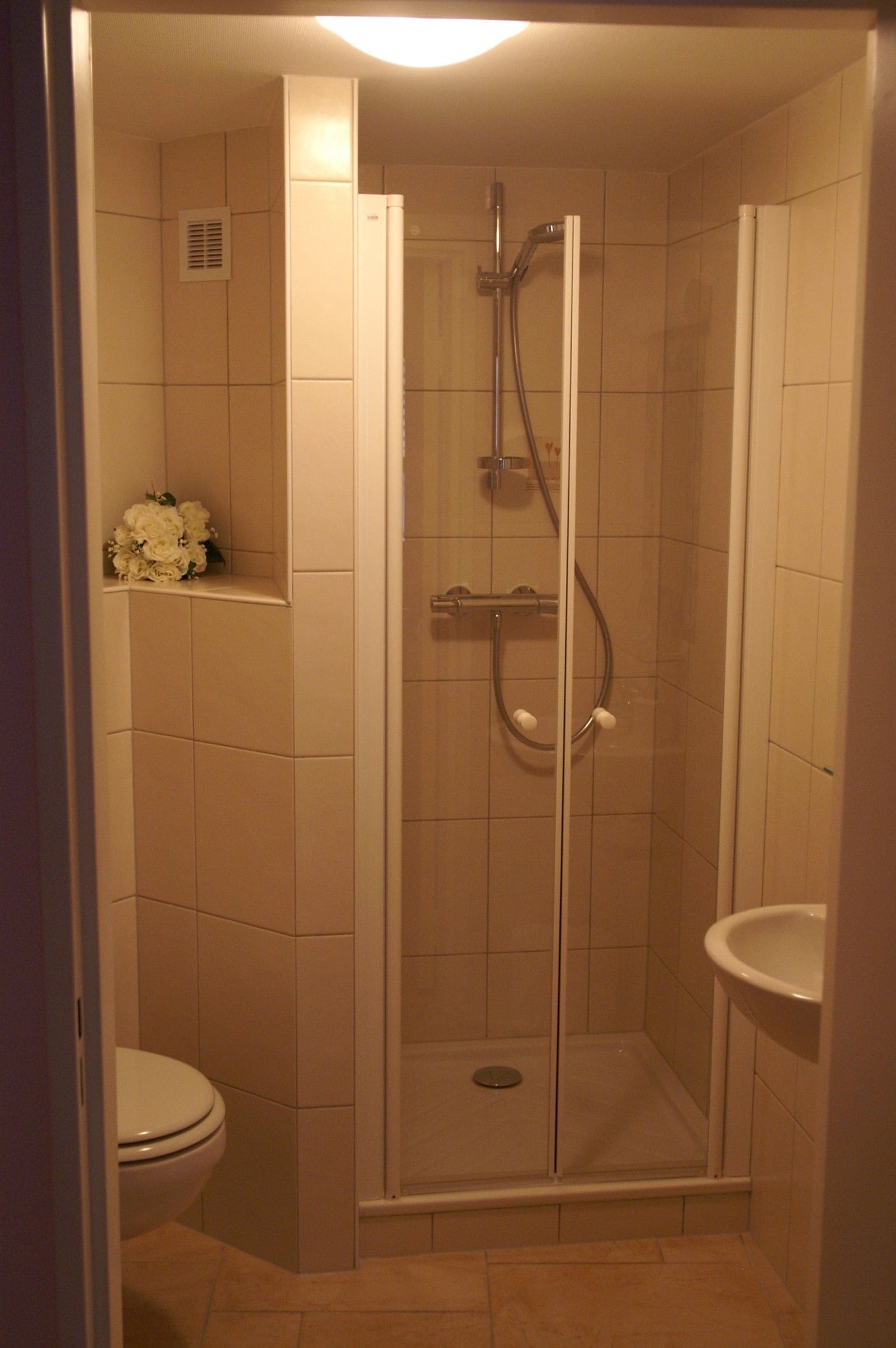 A small, enclosed shower stall with a glass door, a toilet, and a sink.