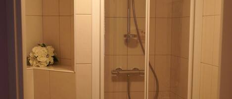 A small, enclosed shower stall with a glass door, a toilet, and a sink.