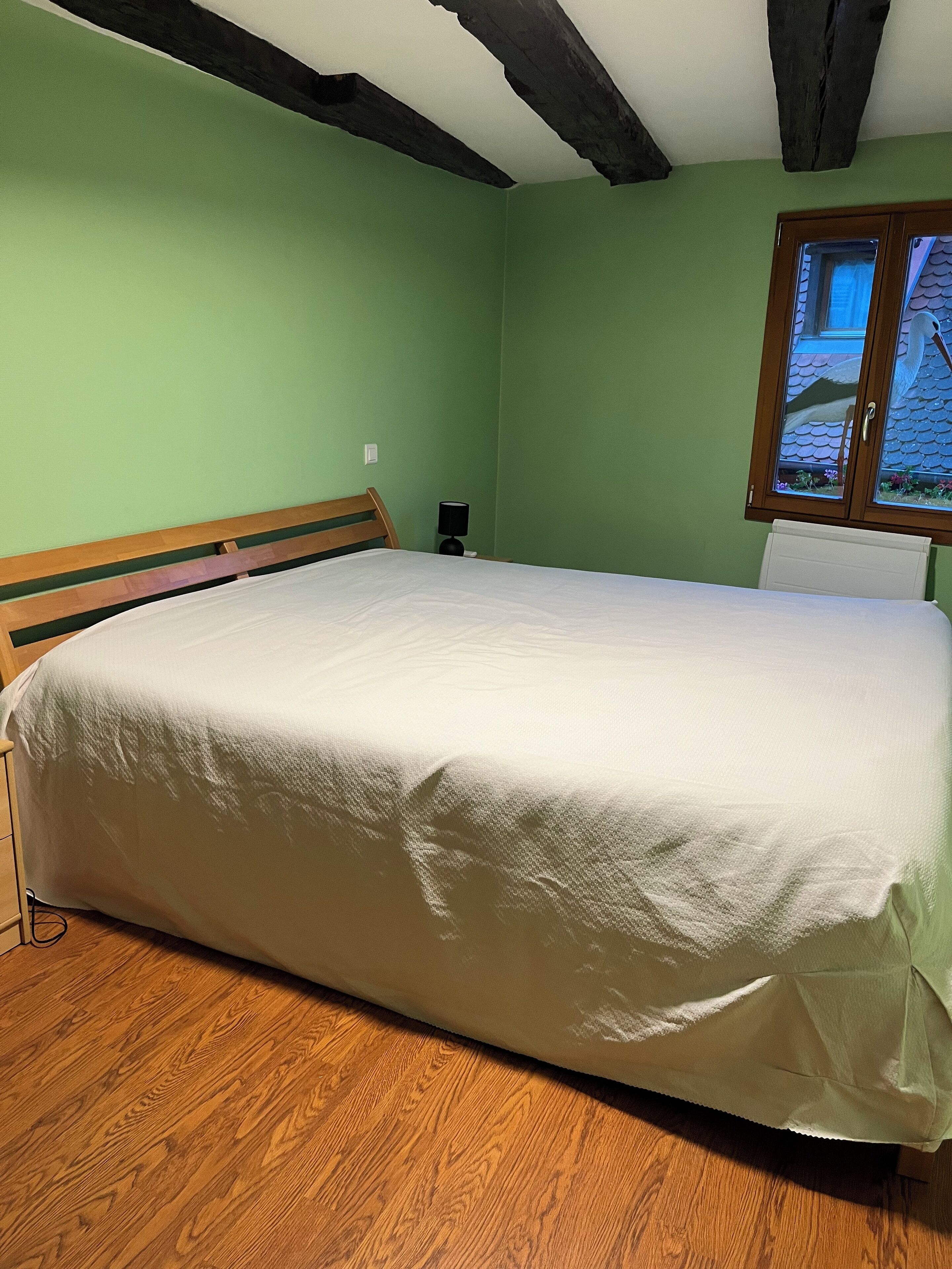 A bedroom with a wooden bed frame, a green wall, and a window with a view of a house.