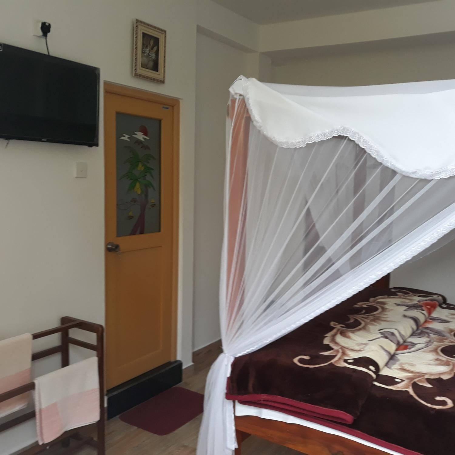 A bedroom with a bed under a white canopy, a wooden door with a floral painting, and a TV mounted on the wall.
