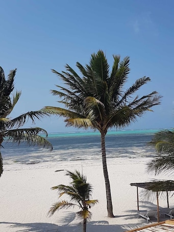 Playa privada, arena blanca, sillas reclinables de playa, sombrillas