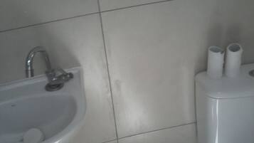 A bathroom with a sink, toilet, and trash bin.