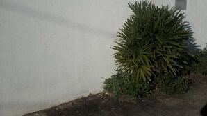 Un mur blanc avec une petite fenêtre et un panneau indiquant le numéro « 174 ».
