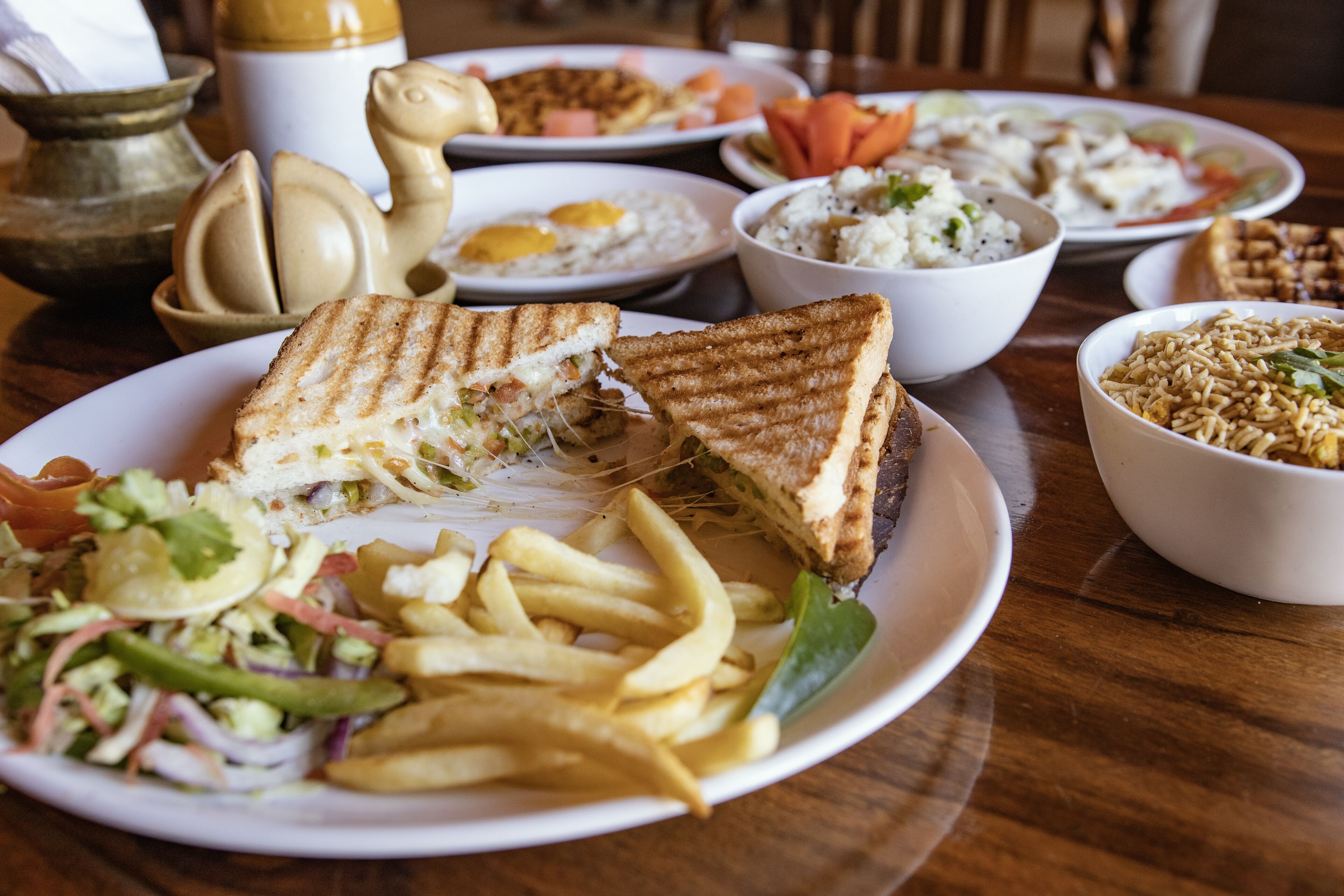 Een tafel met diverse gerechten, waaronder gegrilde sandwiches, frietjes en schalen met rijst en groenten.