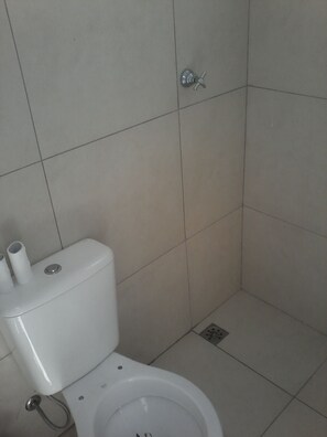 Een kleine betegelde badkamer met toilet, toiletrolhouder en bediening voor de spoeling.