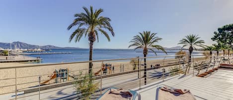 A beachside view with a clear sky, palm trees, and a marina in the background.