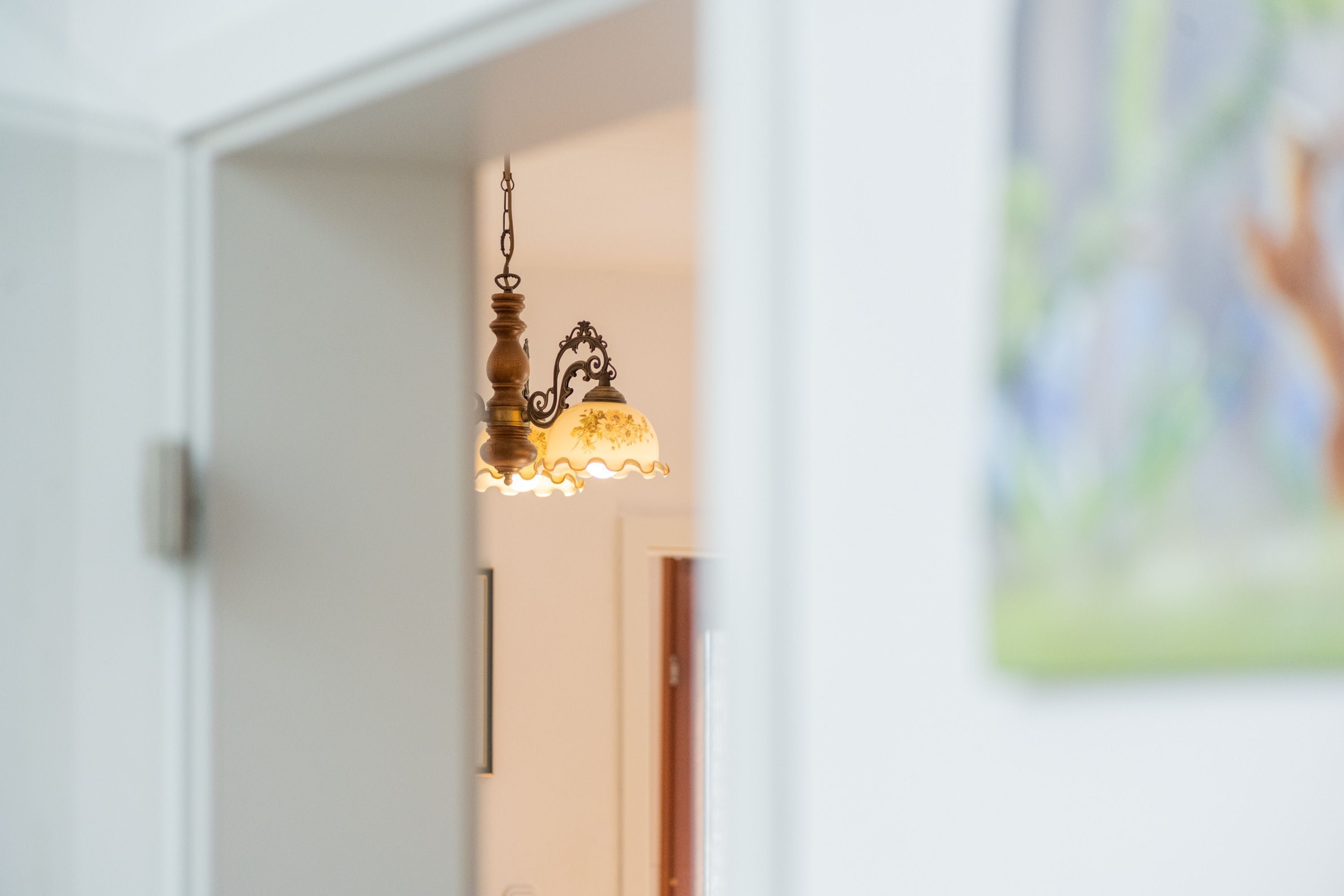 Een hal met een hanglamp en een schilderij aan de muur.