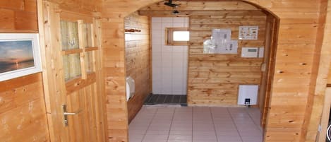 Shower, towels, toilet paper