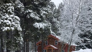 A snow-covered landscape with a wooden house surrounded by trees. - Wooden guest cottage (East Glacier Park Village)