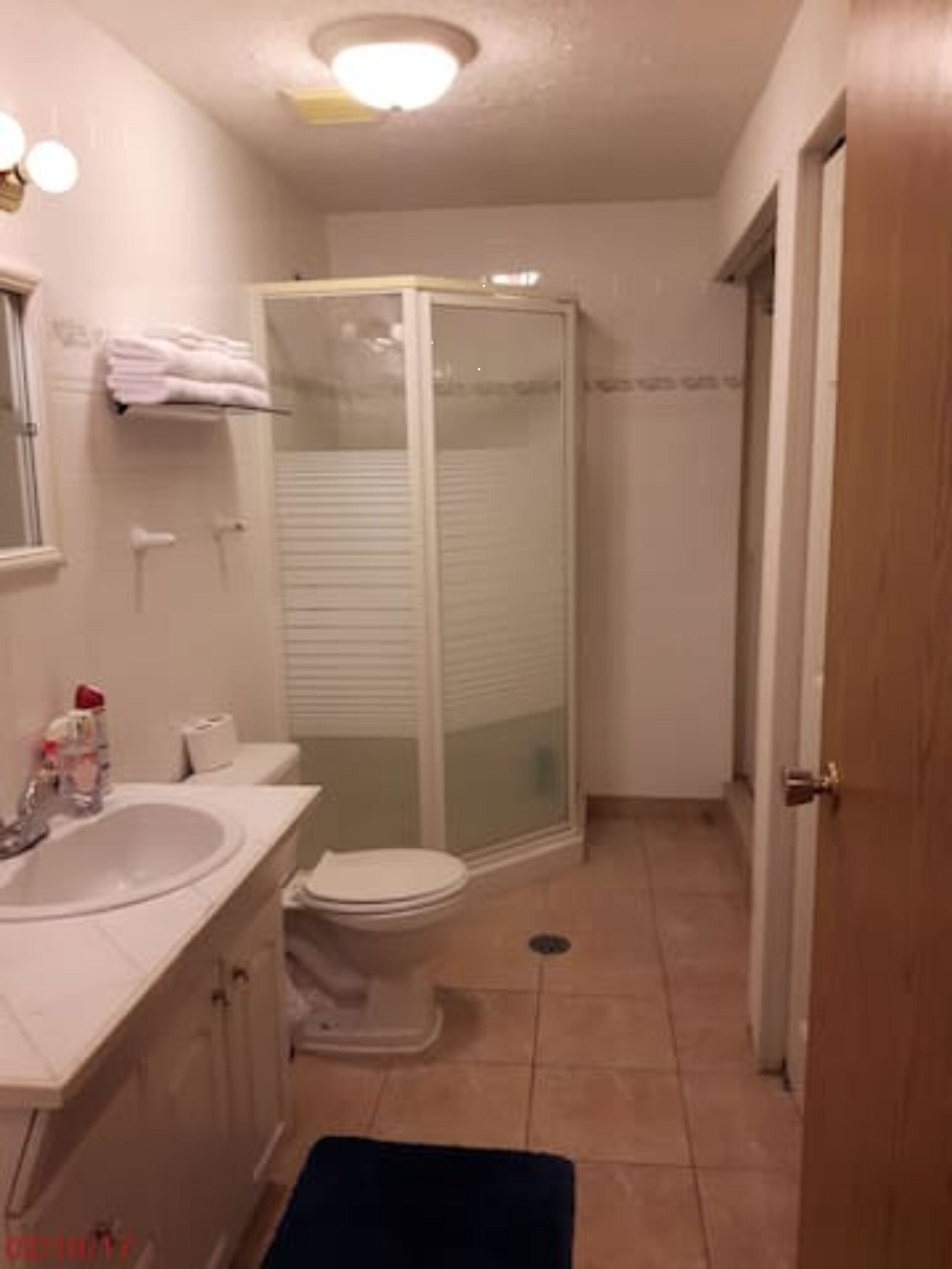 Shower, hair dryer, towels, soap