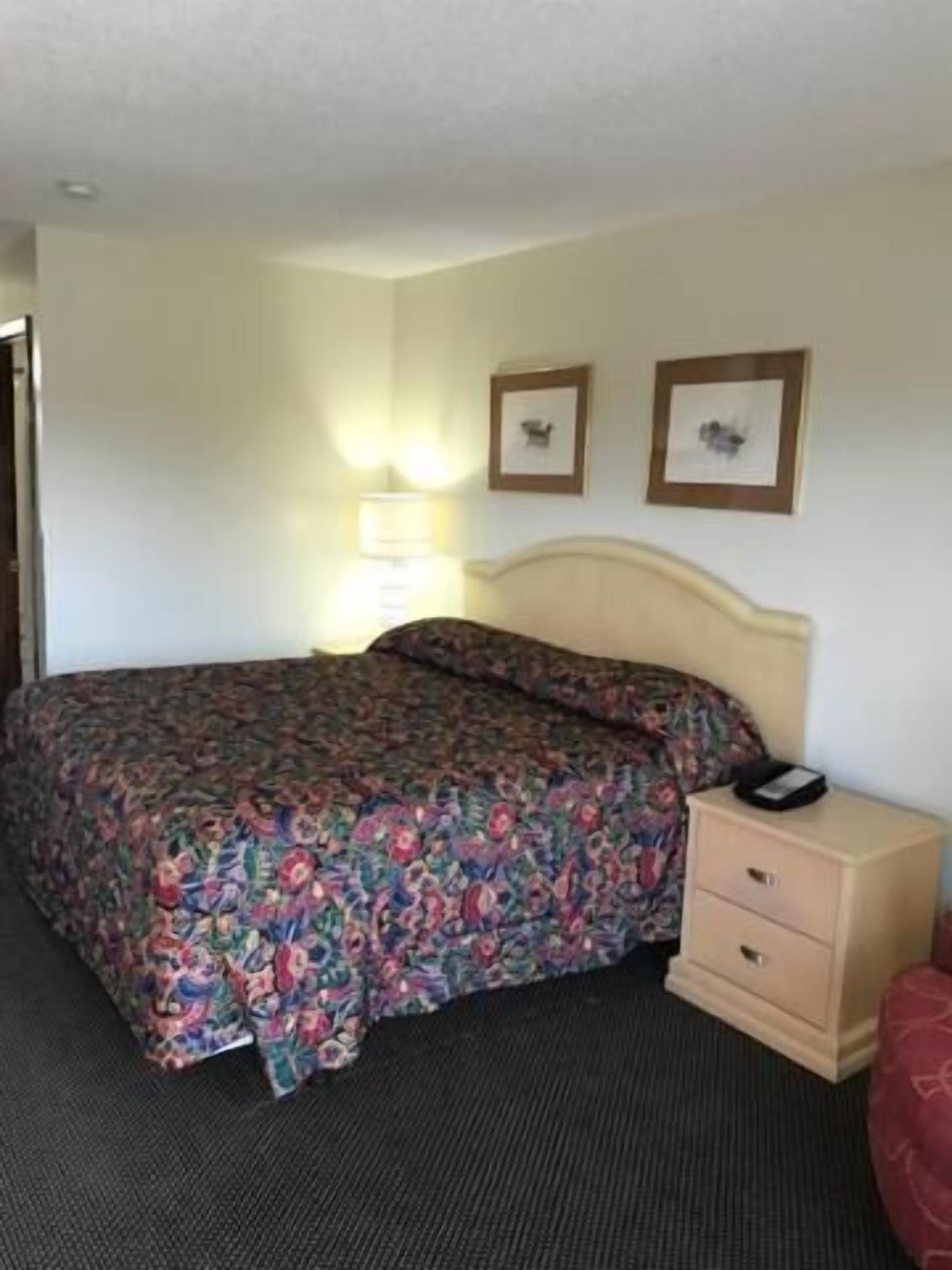 A hotel room with a bed, a nightstand, a lamp, and two framed pictures on the wall.