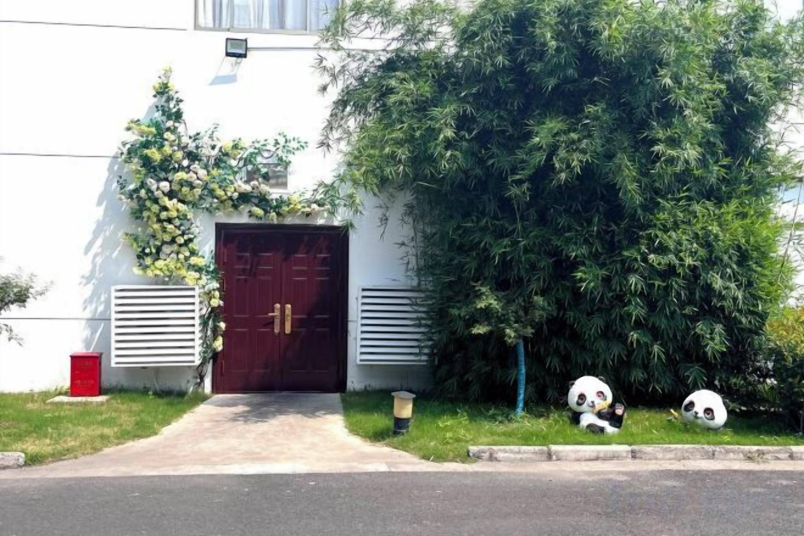 Un edificio con una puerta de color rojo oscuro, una pared blanca y un arbusto verde grande.