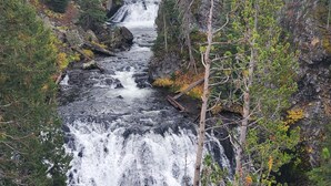 A waterfall cascading through a forested valley.