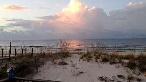 A beach with a wooden fence and grassy dunes.