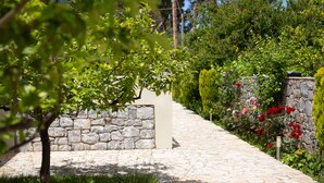 Un sendero de piedra atraviesa un jardín con un muro de piedra y abundante vegetación.
