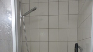A shower with a handheld showerhead, a wall-mounted faucet, and a handheld soap dispenser. - Landhotel Lippach (Westhausen)