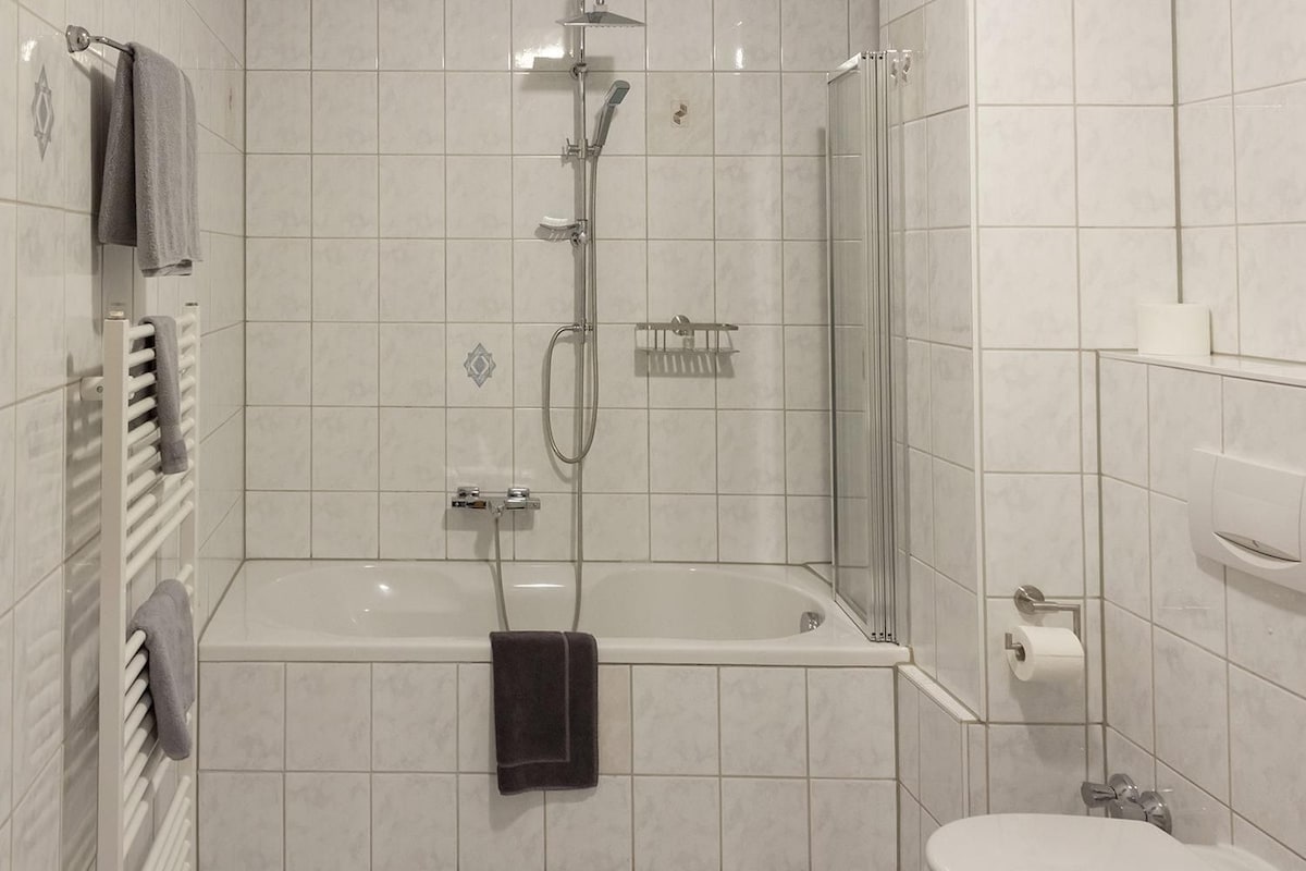 A modern bathroom with a shower, a bathtub, and a toilet.