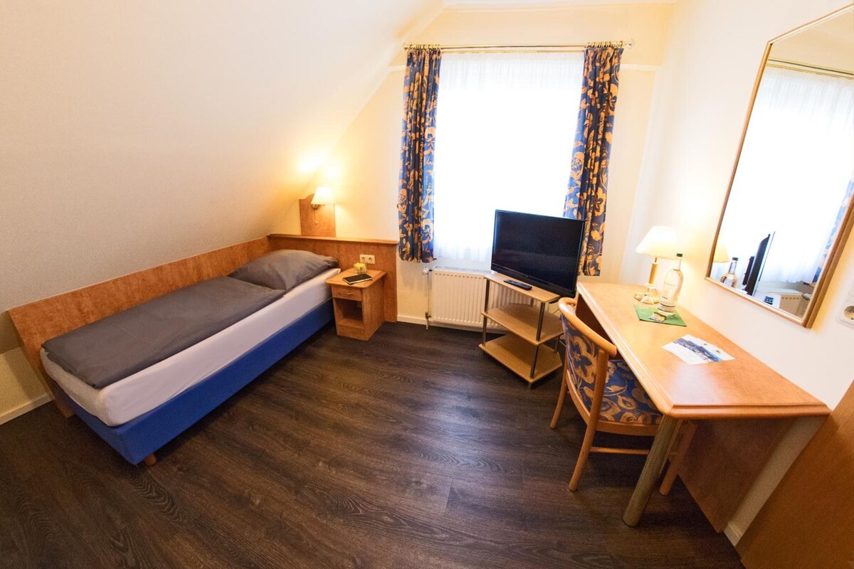 Habitación de hotel pequeña con una cama individual, un escritorio con silla, un televisor y un espejo.