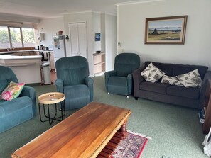 Smart TV, fireplace, DVD player, books