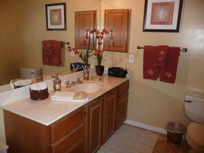 تجهيزات دش، حوض استحمام بنظام ضخ المياه، مناشف، ورق حمّام