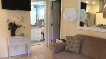 Smart-tv, dvd-spelare, böcker och ett filmbibliotek