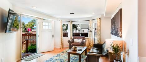 Smart TV, fireplace, books