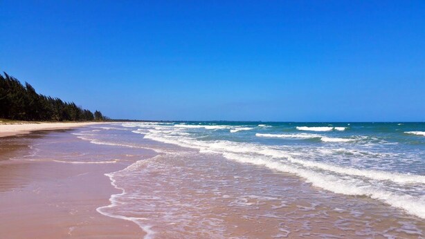 Una playa con cielos azules despejados y olas.
