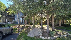 Un quartier résidentiel avec une maison à deux étages, une voiture garée et un jardin aménagé avec des arbres et des rochers.