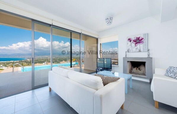 TV, fireplace, music library, video library