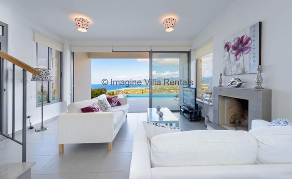 TV, fireplace, music library, video library