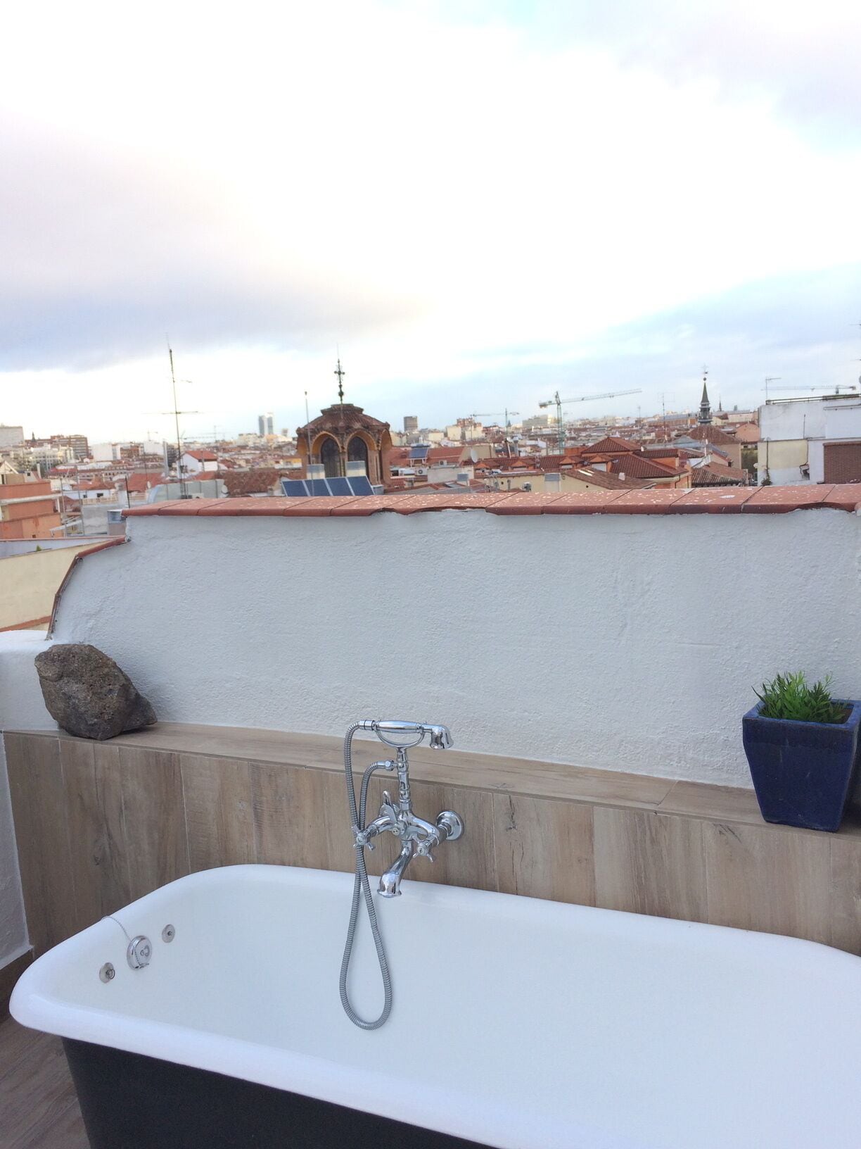 Una terraza en la azotea con una bañera, una planta en maceta y vistas a un paisaje urbano.