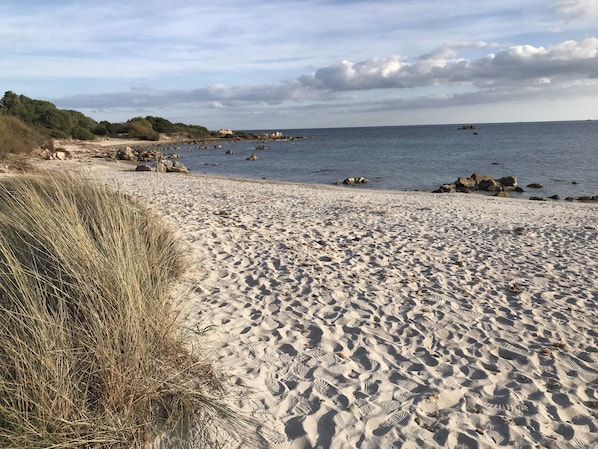 Ein sandiger Strand mit Fußspuren und Steinen, ein klarer Himmel und entfernte Lande.