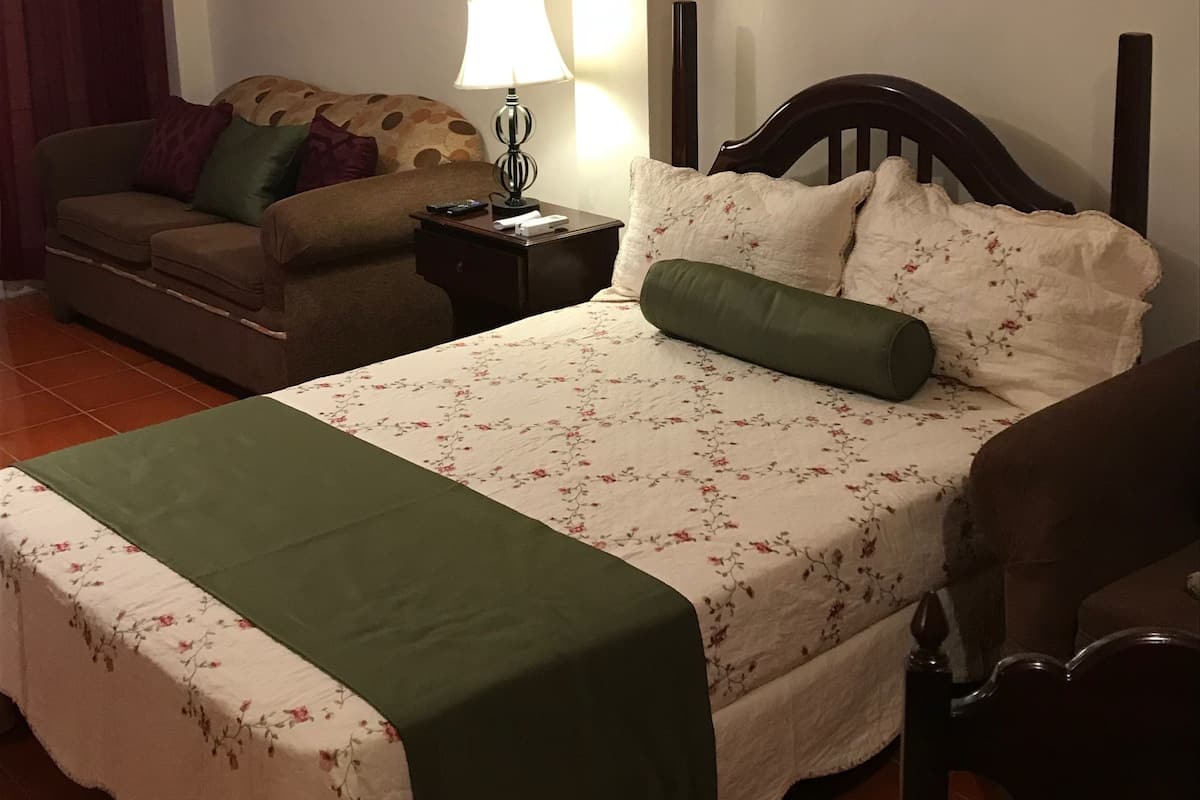 A bedroom with a bed, a nightstand, a lamp, a sofa, and a chair.