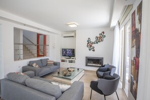 Fernseher, Kamin, Musikbibliothek, Videothek