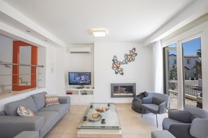 TV, fireplace, music library, video library