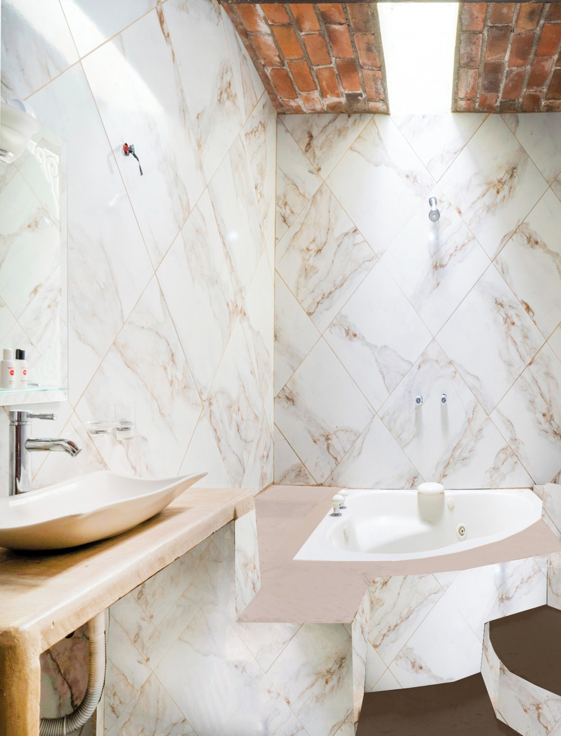 A bathroom with a marble vanity, a freestanding bathtub, and a shower area.